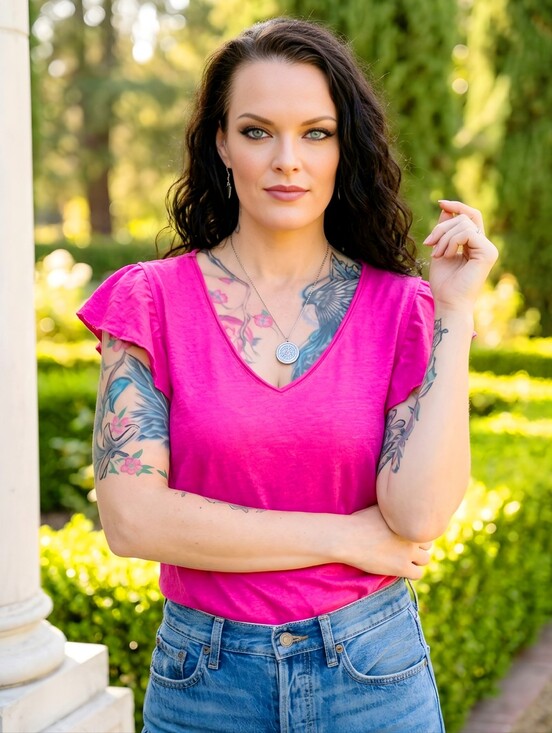Free People Tops - Free People ✦ Bright Pink Button‑Down Blouse ✦ Flutter Sleeve V‑Neck Sheer Strip